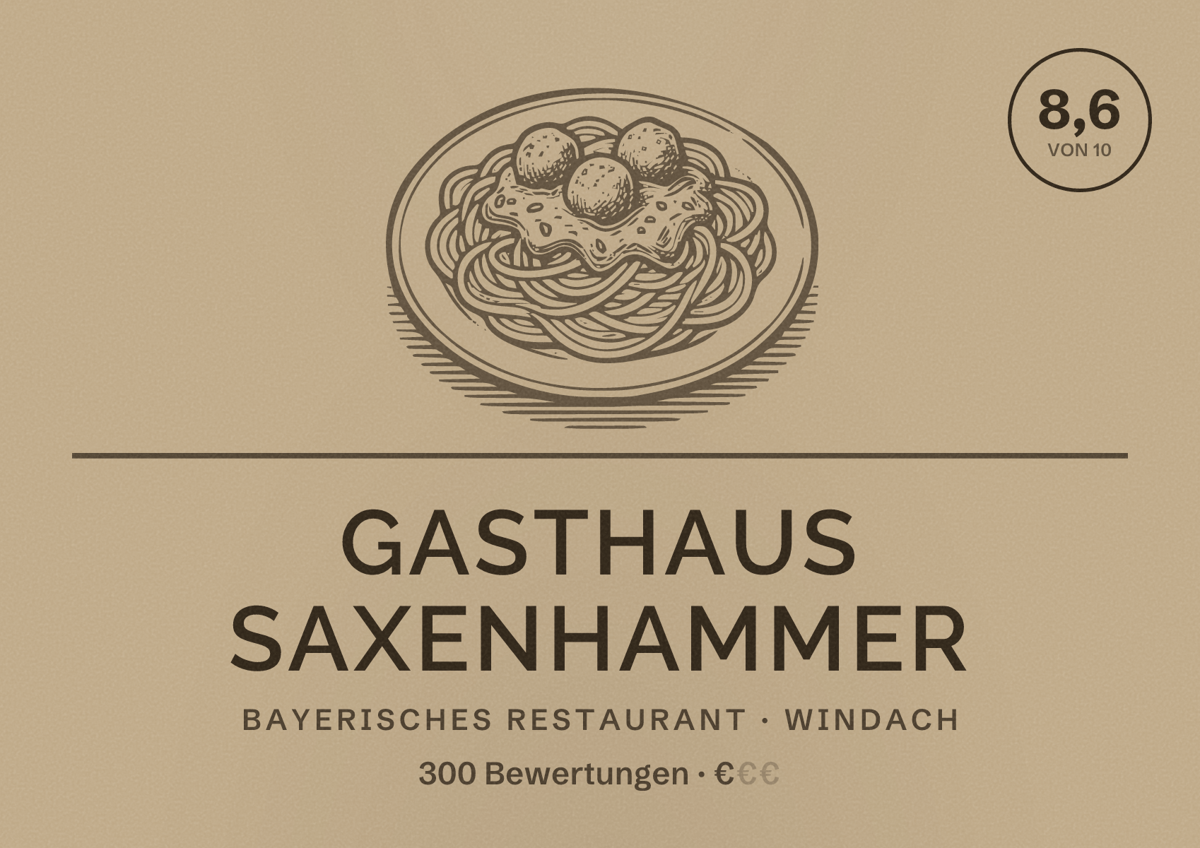 Illustriertes Poster von Gasthaus Saxenhammer, Bayerisches Restaurant in Windach: Bewertung 8,6 von 10 aus 300 Bewertungen, Preisniveau €