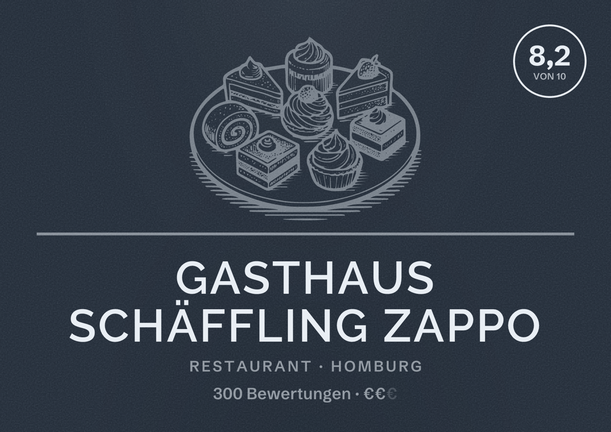Illustriertes Poster von Gasthaus Schäffling Zappo, Restaurant in Homburg: Bewertung 8,2 von 10 aus 300 Bewertungen, Preisniveau €€