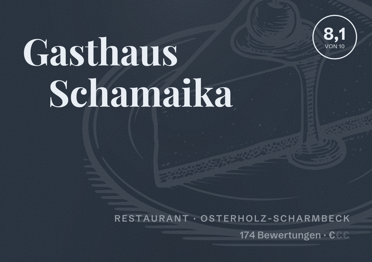 Illustriertes Poster von Gasthaus Schamaika, Restaurant in Osterholz-Scharmbeck: Bewertung 8,1 von 10 aus 174 Bewertungen, Preisniveau €