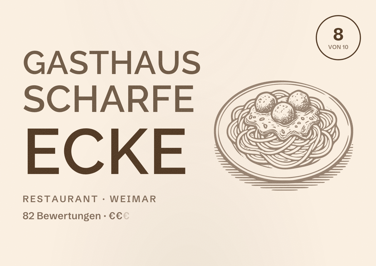 Illustriertes Poster von Gasthaus Scharfe Ecke, Restaurant in Weimar: Bewertung 8 von 10 aus 82 Bewertungen, Preisniveau €€