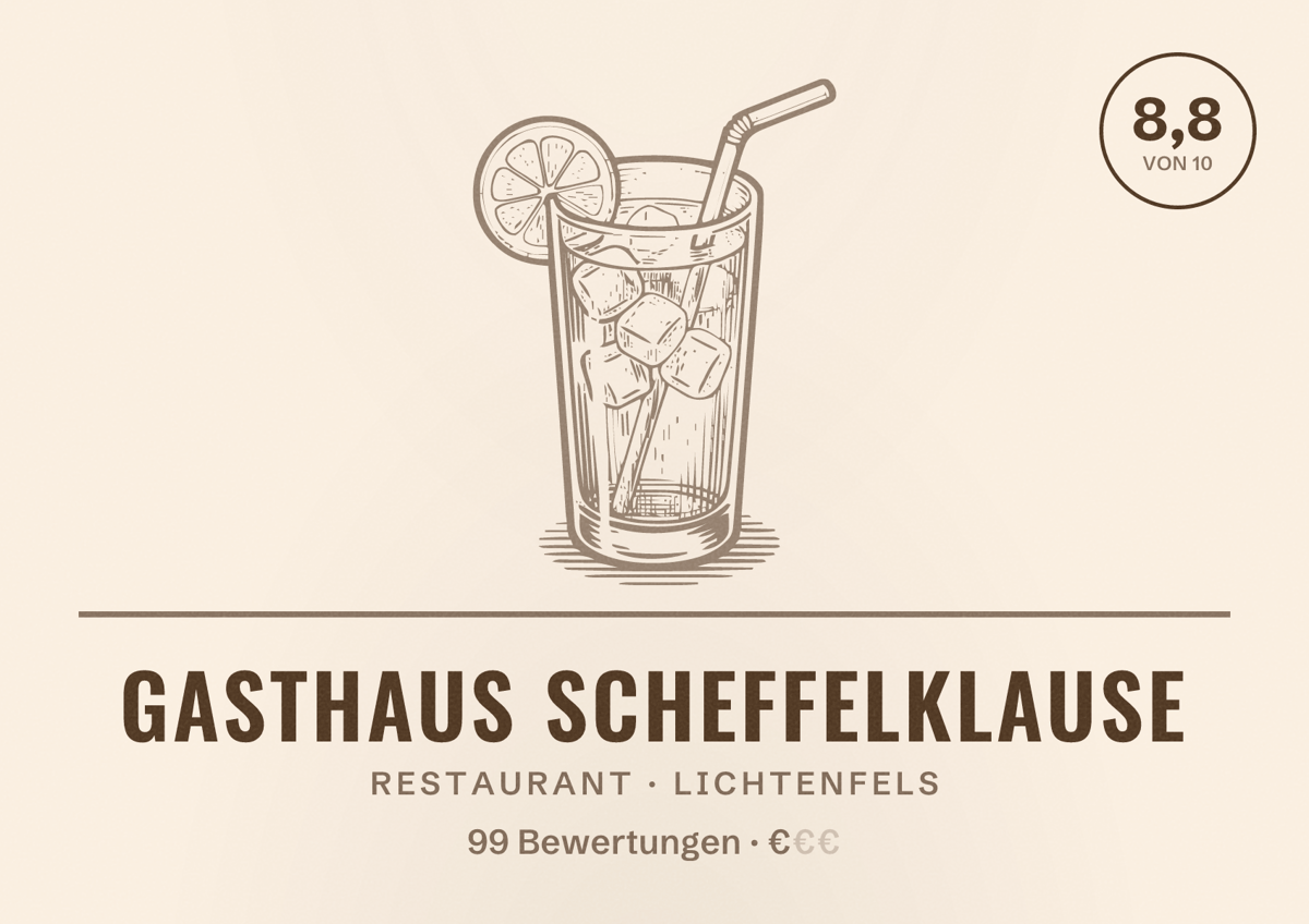 Illustriertes Poster von Gasthaus Scheffelklause, Restaurant in Lichtenfels: Bewertung 8,8 von 10 aus 99 Bewertungen, Preisniveau €