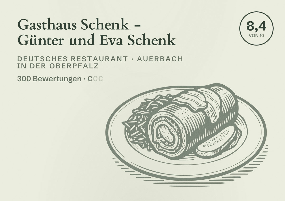 Illustriertes Poster von Gasthaus Schenk - Günter und Eva Schenk, Deutsches Restaurant in Auerbach in der Oberpfalz: Bewertung 8,4 von 10 aus 300 Bewertungen, Preisniveau €