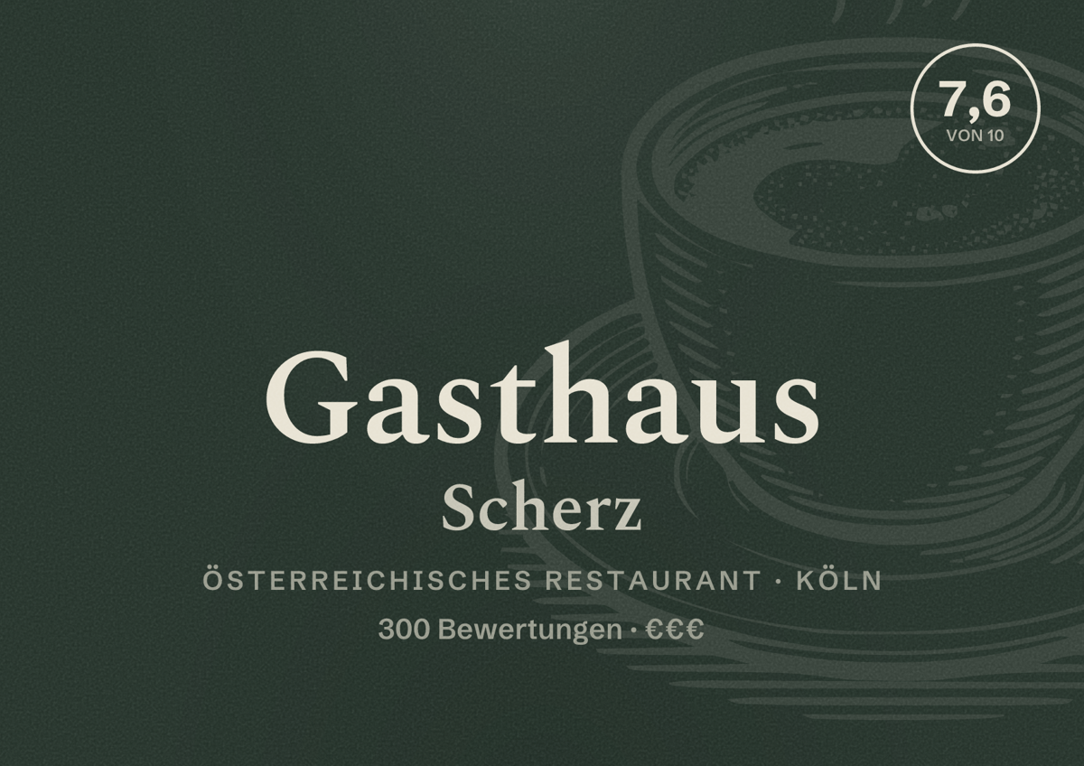 Illustriertes Poster von Gasthaus Scherz, Österreichisches Restaurant in Köln: Bewertung 7,6 von 10 aus 300 Bewertungen, Preisniveau €€€