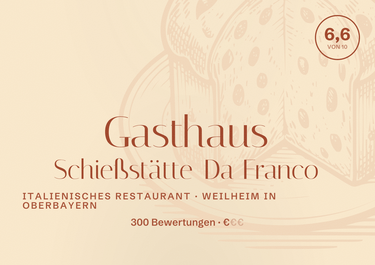 Illustriertes Poster von Gasthaus Schießstätte Da Franco, Italienisches Restaurant in Weilheim in Oberbayern: Bewertung 6,6 von 10 aus 300 Bewertungen, Preisniveau €