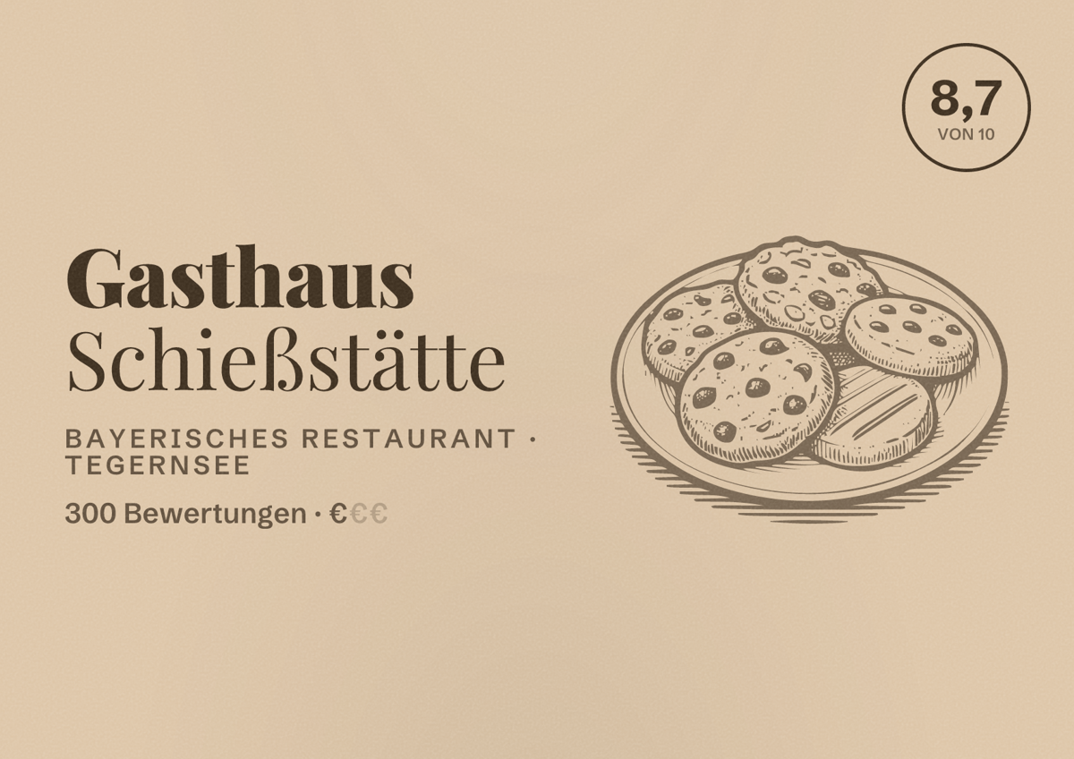 Illustriertes Poster von Gasthaus Schießstätte, Bayerisches Restaurant in Tegernsee: Bewertung 8,7 von 10 aus 300 Bewertungen, Preisniveau €