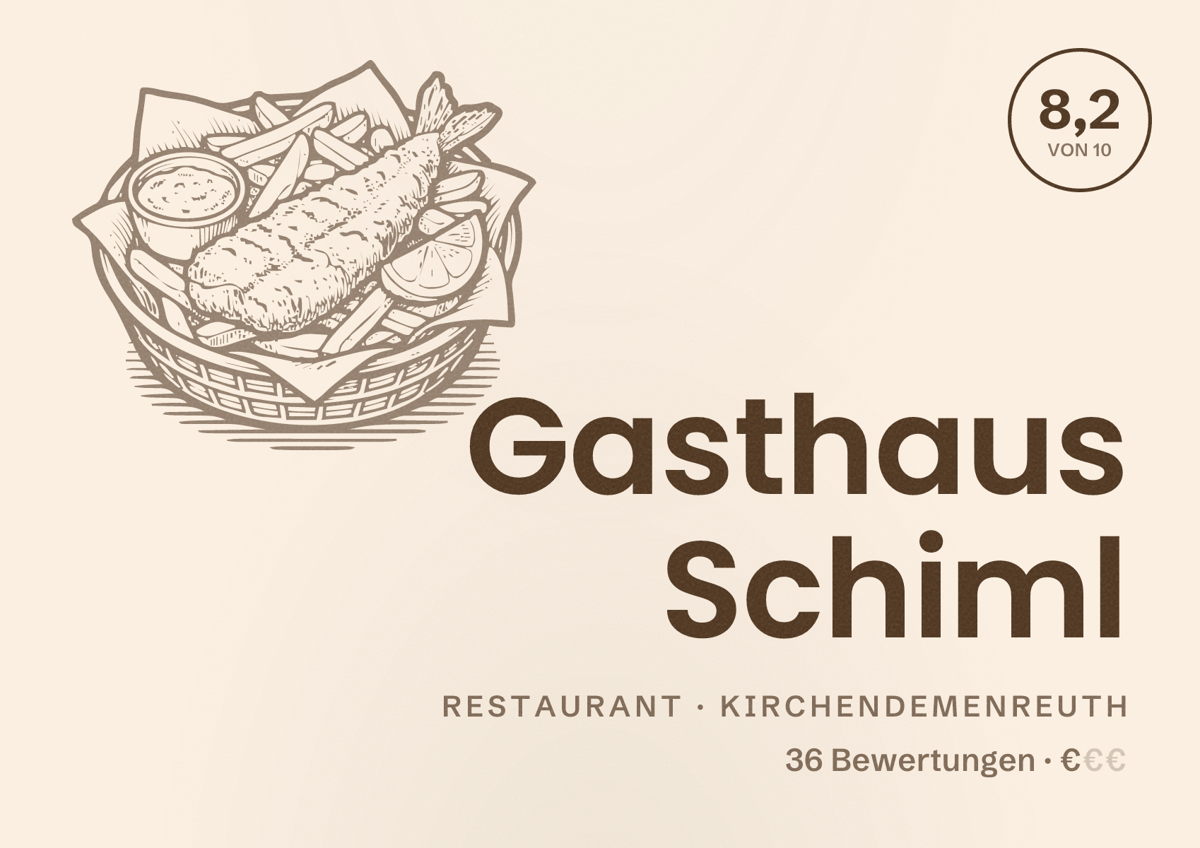 Illustriertes Poster von Gasthaus Schiml, Restaurant in Kirchendemenreuth: Bewertung 8,2 von 10 aus 36 Bewertungen, Preisniveau €