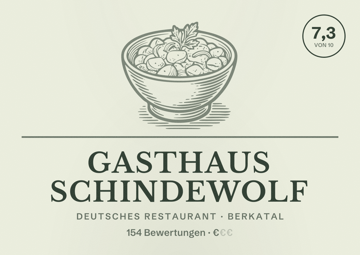 Illustriertes Poster von Gasthaus Schindewolf, Deutsches Restaurant in Berkatal: Bewertung 7,3 von 10 aus 154 Bewertungen, Preisniveau €