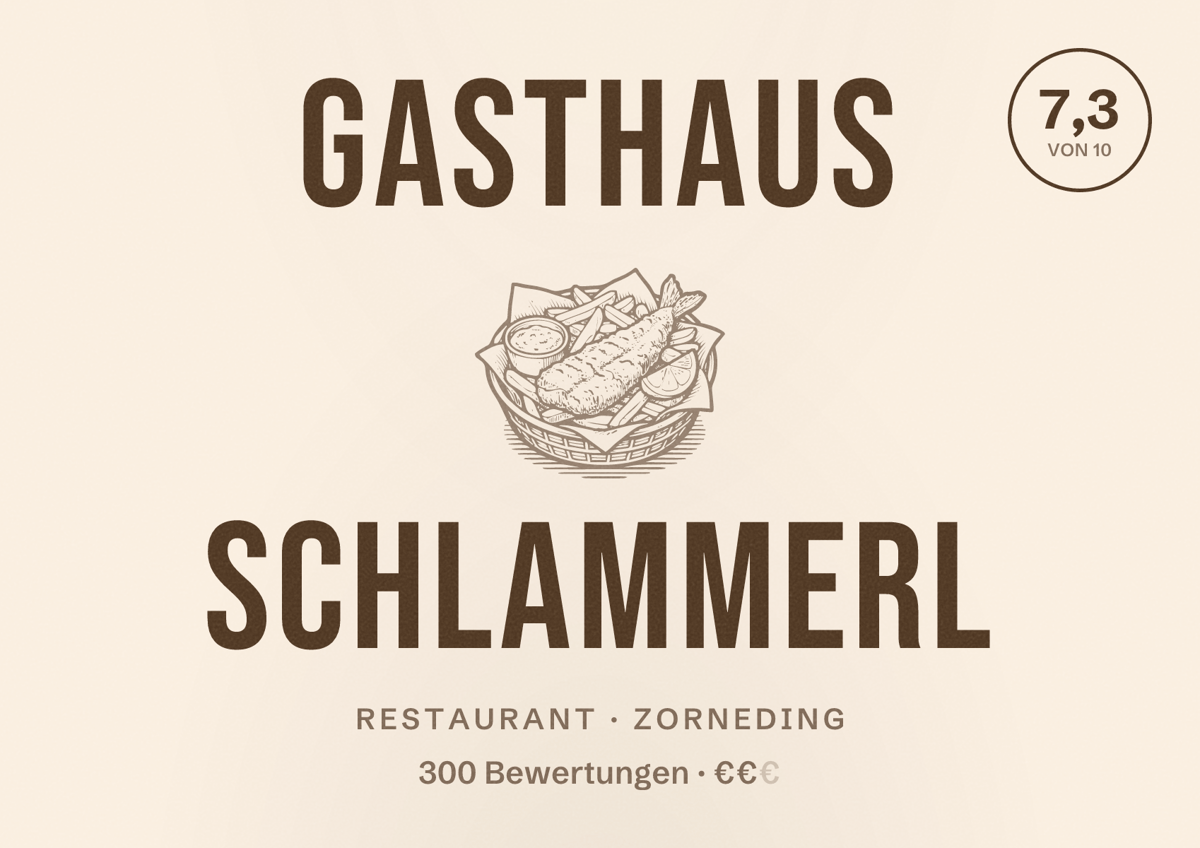 Illustriertes Poster von Gasthaus Schlammerl, Restaurant in Zorneding: Bewertung 7,3 von 10 aus 300 Bewertungen, Preisniveau €€