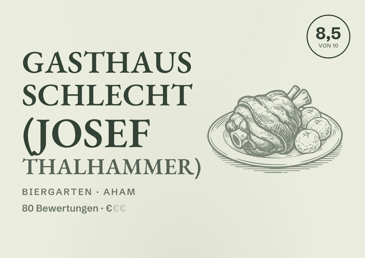 Illustriertes Poster von Gasthaus Schlecht (Josef Thalhammer), Biergarten in Aham: Bewertung 8,5 von 10 aus 80 Bewertungen, Preisniveau €