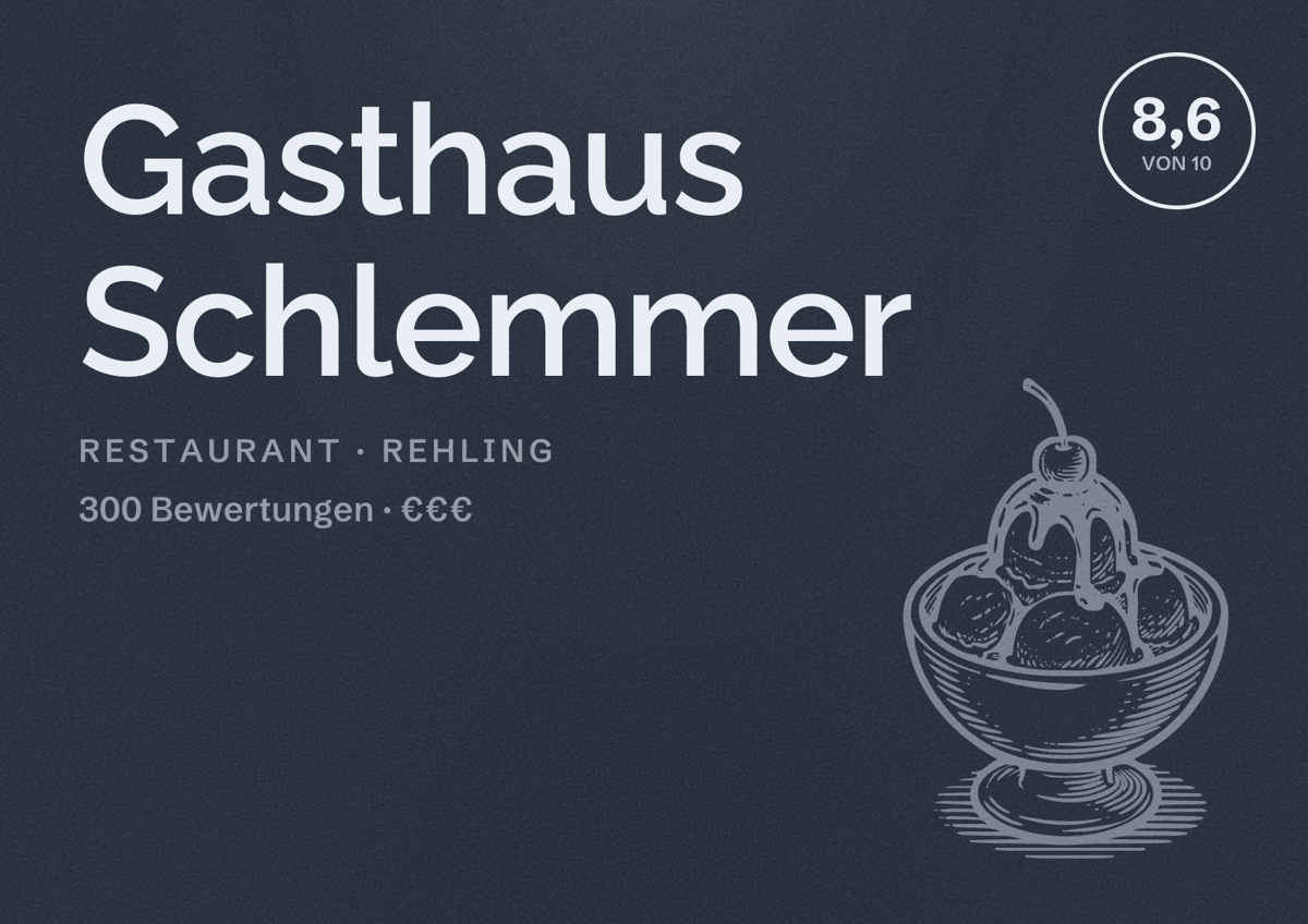 Illustriertes Poster von Gasthaus Schlemmer, Restaurant in Rehling: Bewertung 8,6 von 10 aus 300 Bewertungen, Preisniveau €€€
