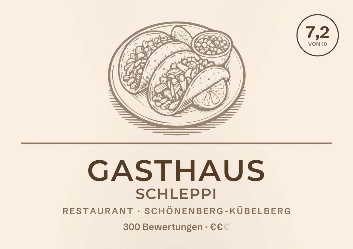 Illustriertes Poster von Gasthaus Schleppi, Restaurant in Schönenberg-Kübelberg: Bewertung 7,2 von 10 aus 300 Bewertungen, Preisniveau €€