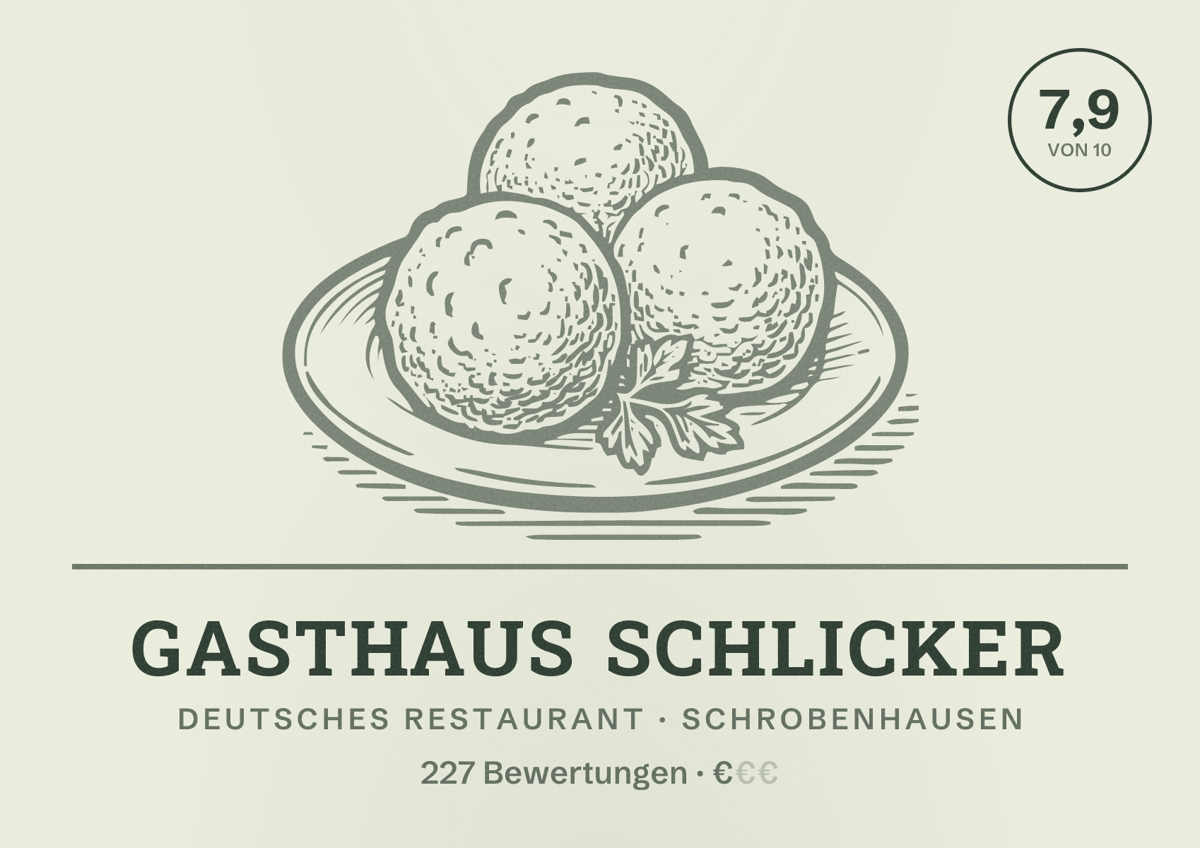 Illustriertes Poster von Gasthaus Schlicker, Deutsches Restaurant in Schrobenhausen: Bewertung 7,9 von 10 aus 227 Bewertungen, Preisniveau €