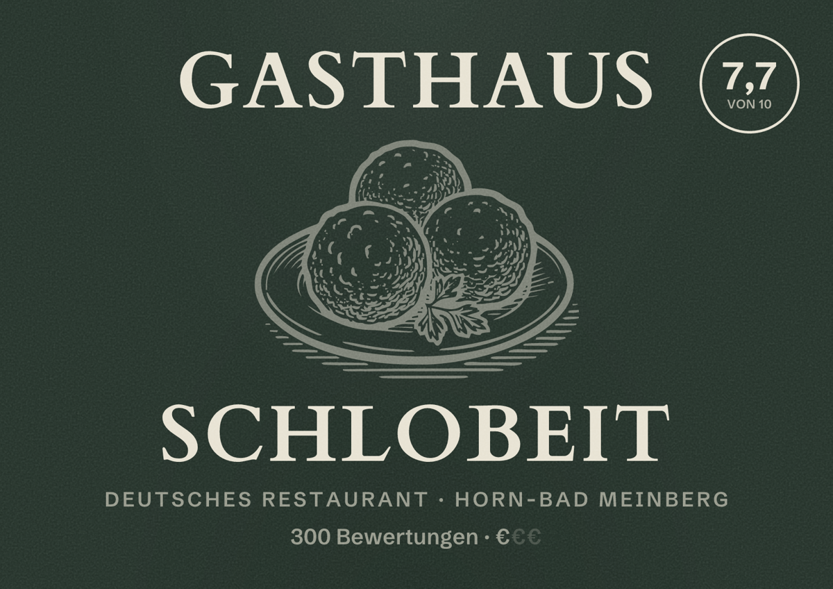 Illustriertes Poster von Gasthaus Schlobeit, Deutsches Restaurant in Horn-Bad Meinberg: Bewertung 7,7 von 10 aus 300 Bewertungen, Preisniveau €