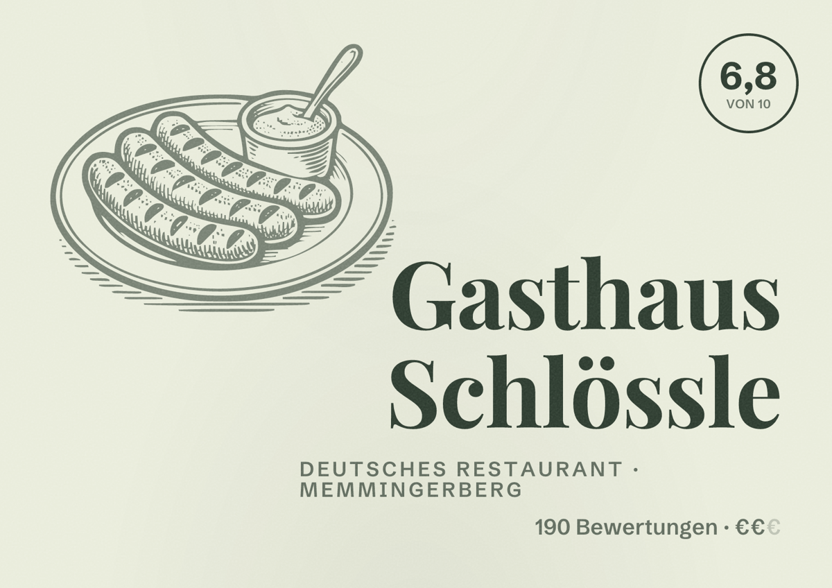 Illustriertes Poster von Gasthaus Schlössle, Deutsches Restaurant in Memmingerberg: Bewertung 6,8 von 10 aus 190 Bewertungen, Preisniveau €€