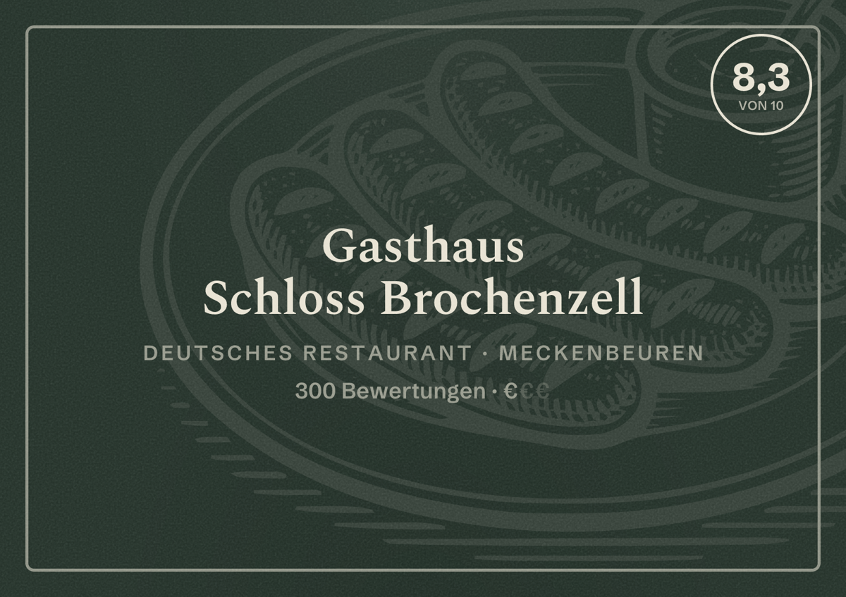 Illustriertes Poster von Gasthaus Schloss Brochenzell, Deutsches Restaurant in Meckenbeuren: Bewertung 8,3 von 10 aus 300 Bewertungen, Preisniveau €