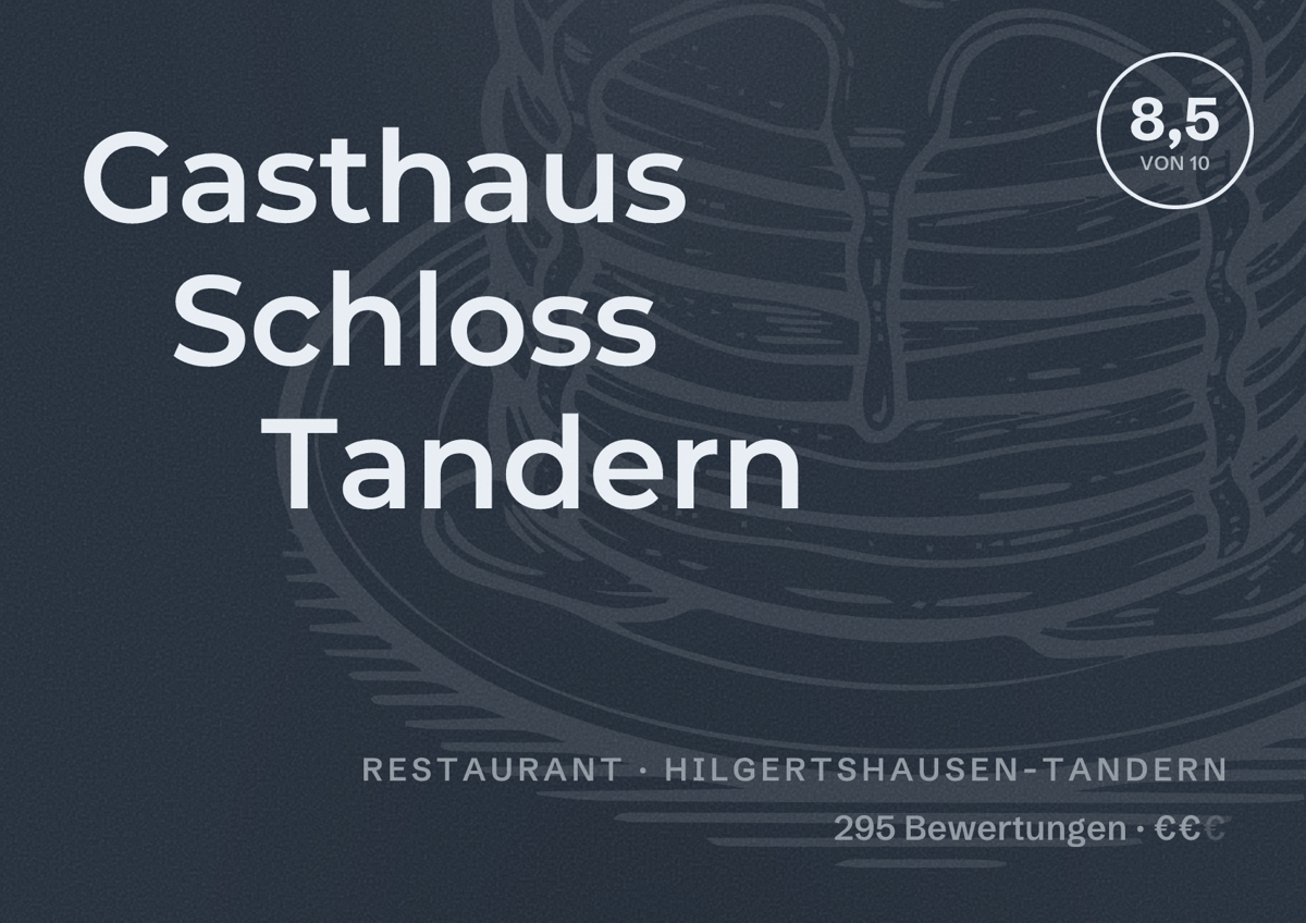 Illustriertes Poster von Gasthaus Schloss Tandern, Restaurant in Hilgertshausen-Tandern: Bewertung 8,5 von 10 aus 295 Bewertungen, Preisniveau €€