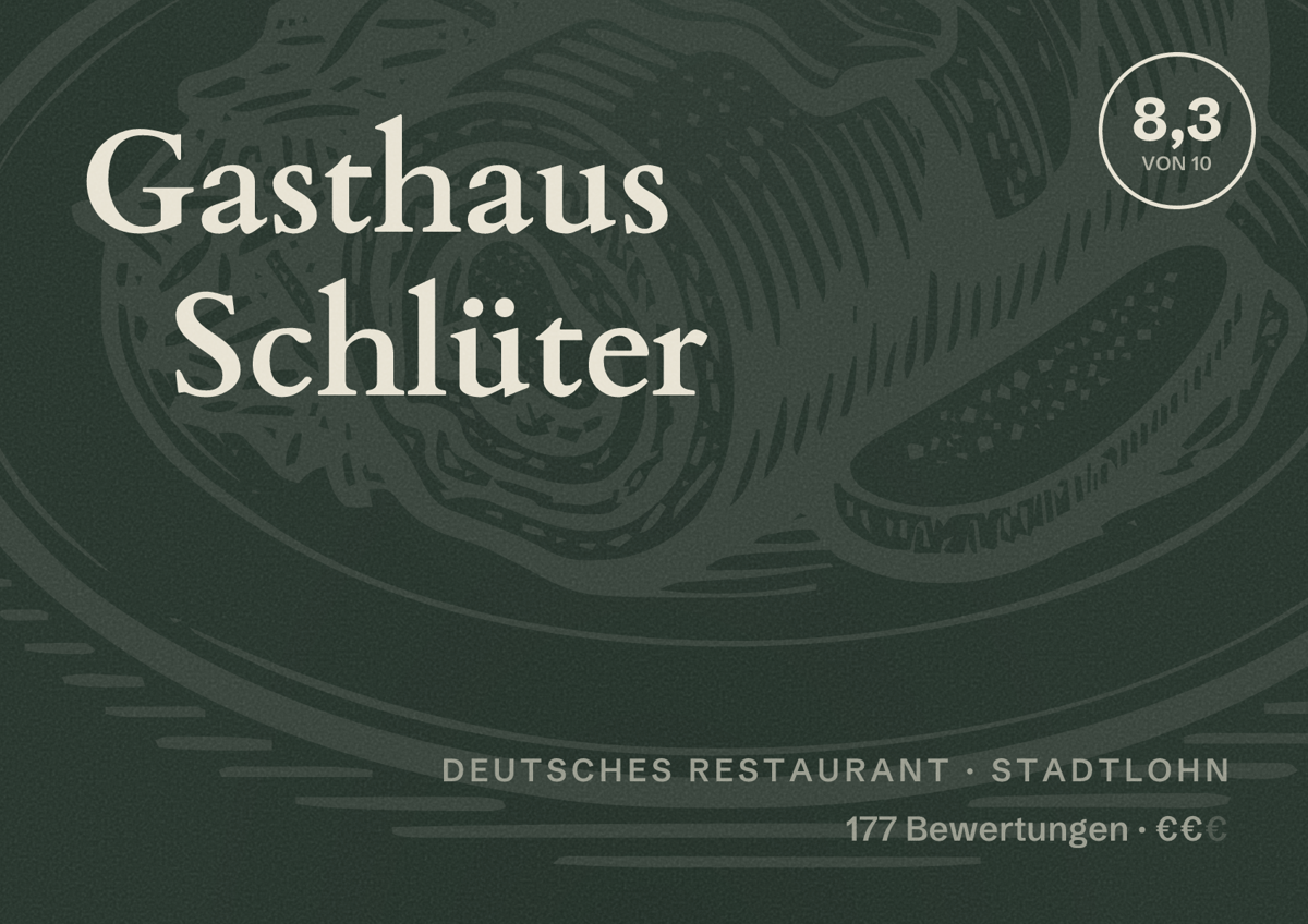 Illustriertes Poster von Gasthaus Schlüter, Deutsches Restaurant in Stadtlohn: Bewertung 8,3 von 10 aus 177 Bewertungen, Preisniveau €€