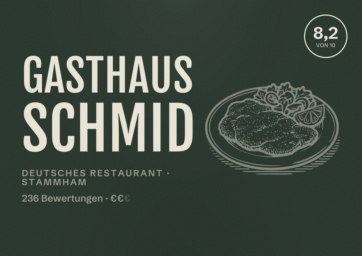 Illustriertes Poster von Gasthaus Schmid, Deutsches Restaurant in Stammham: Bewertung 8,2 von 10 aus 236 Bewertungen, Preisniveau €€