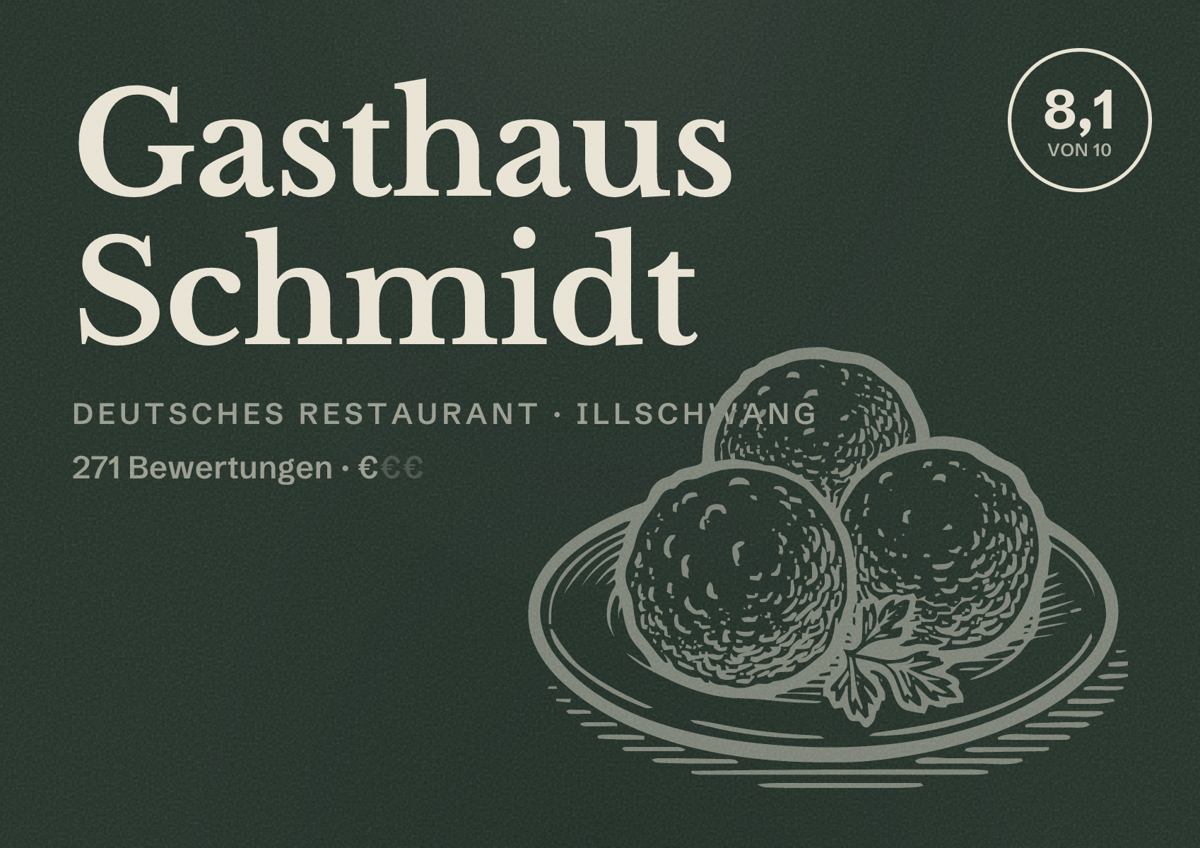 Illustriertes Poster von Gasthaus Schmidt, Deutsches Restaurant in Illschwang: Bewertung 8,1 von 10 aus 271 Bewertungen, Preisniveau €