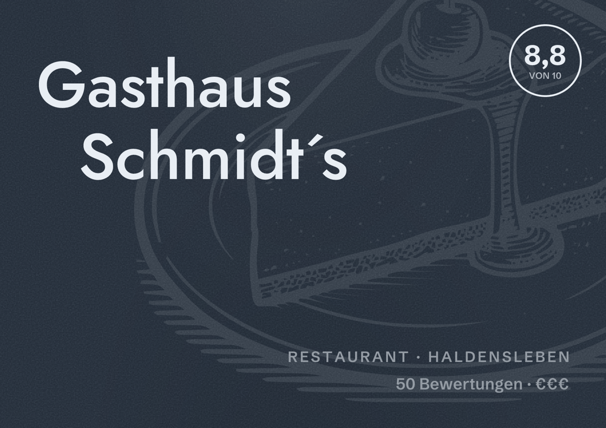 Illustriertes Poster von Gasthaus Schmidt´s, Restaurant in Haldensleben: Bewertung 8,8 von 10 aus 50 Bewertungen, Preisniveau €€€