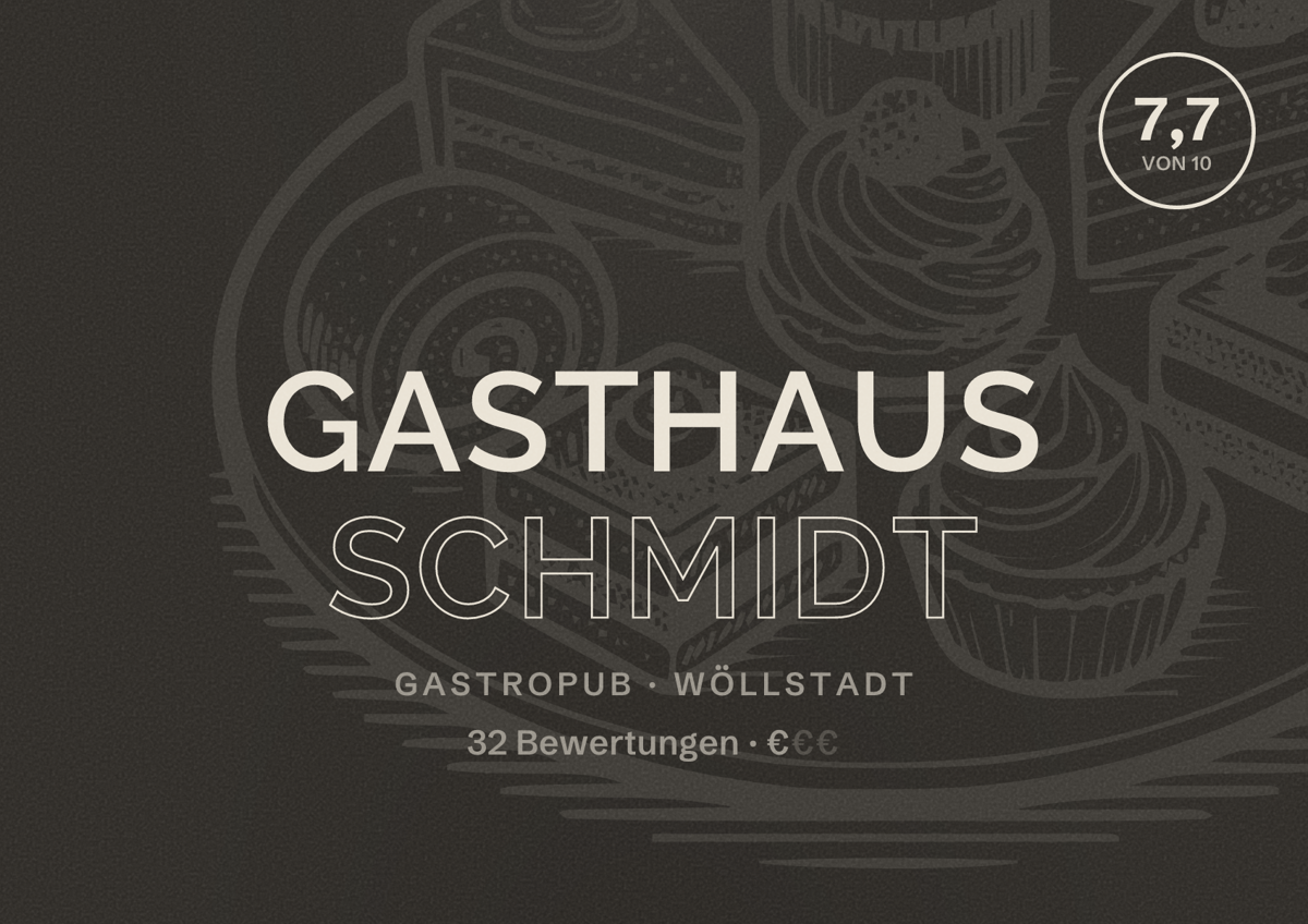Illustriertes Poster von Gasthaus Schmidt, Gastropub in Wöllstadt: Bewertung 7,7 von 10 aus 32 Bewertungen, Preisniveau €