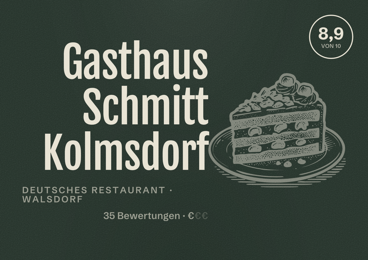 Illustriertes Poster von Gasthaus Schmitt Kolmsdorf, Deutsches Restaurant in Walsdorf: Bewertung 8,9 von 10 aus 35 Bewertungen, Preisniveau €
