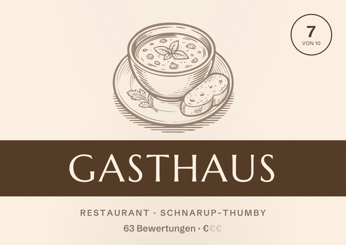 Illustriertes Poster von Gasthaus, Restaurant in Schnarup-Thumby: Bewertung 7 von 10 aus 63 Bewertungen, Preisniveau €
