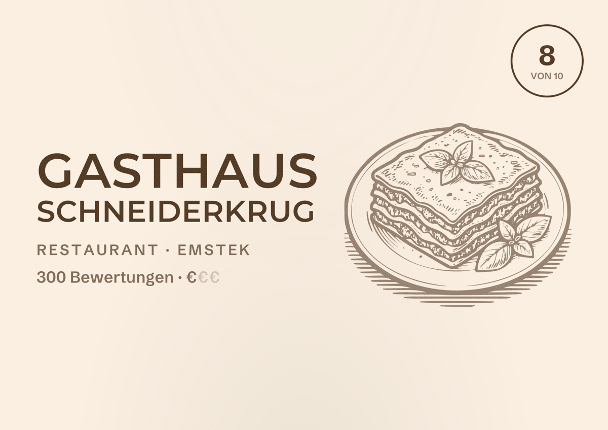 Illustriertes Poster von Gasthaus Schneiderkrug, Restaurant in Emstek: Bewertung 8 von 10 aus 300 Bewertungen, Preisniveau €
