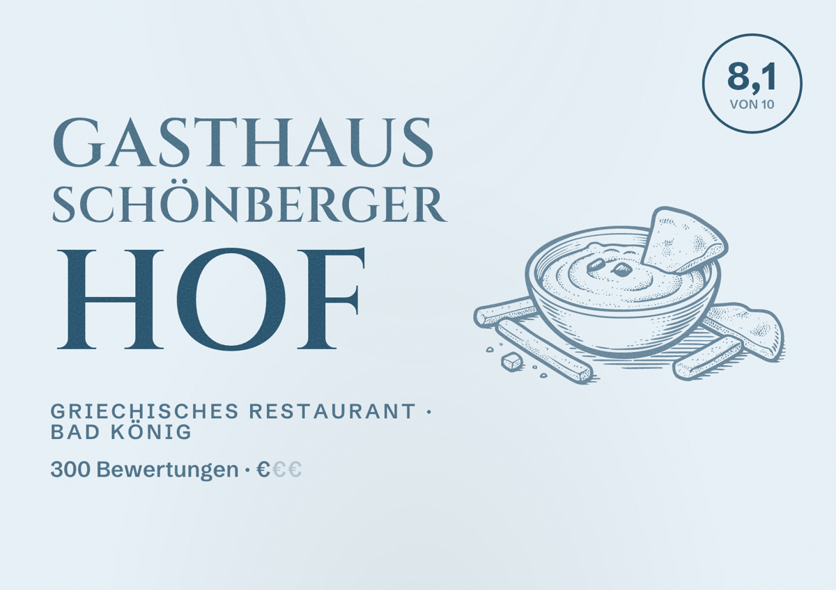 Illustriertes Poster von Gasthaus Schönberger Hof, Griechisches Restaurant in Bad König: Bewertung 8,1 von 10 aus 300 Bewertungen, Preisniveau €
