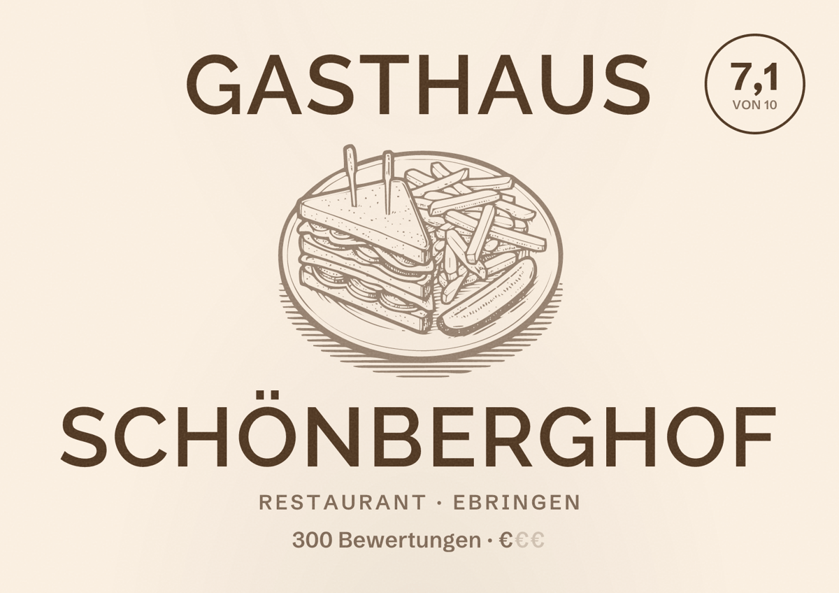 Illustriertes Poster von Gasthaus Schönberghof, Restaurant in Ebringen: Bewertung 7,1 von 10 aus 300 Bewertungen, Preisniveau €