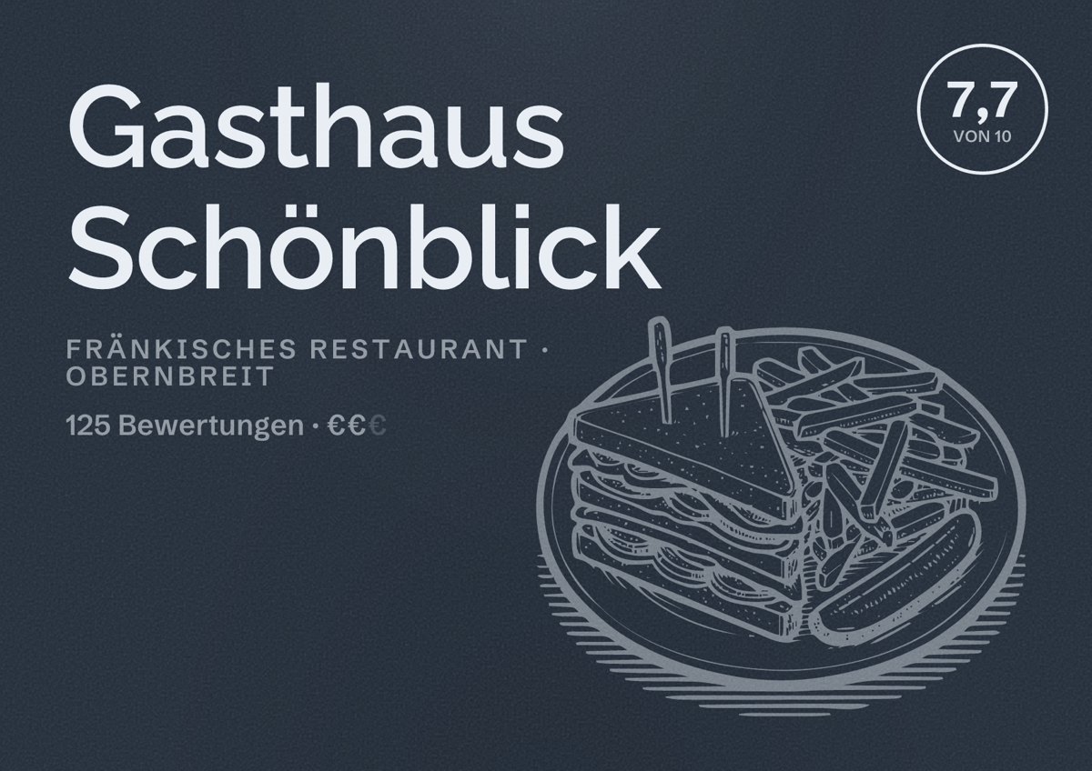 Illustriertes Poster von Gasthaus Schönblick, Fränkisches Restaurant in Obernbreit: Bewertung 7,7 von 10 aus 125 Bewertungen, Preisniveau €€