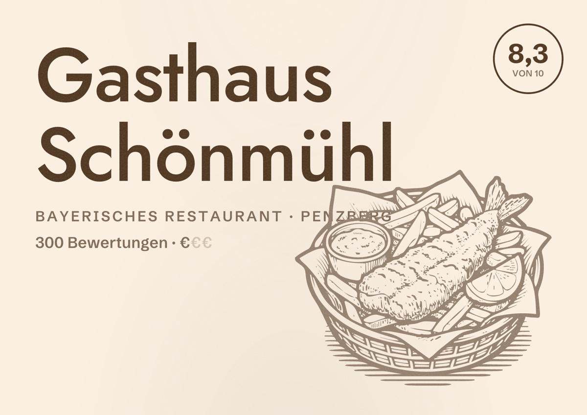 Illustriertes Poster von Gasthaus Schönmühl, Bayerisches Restaurant in Penzberg: Bewertung 8,3 von 10 aus 300 Bewertungen, Preisniveau €