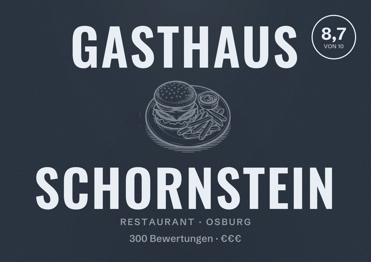 Illustriertes Poster von Gasthaus Schornstein, Restaurant in Osburg: Bewertung 8,7 von 10 aus 300 Bewertungen, Preisniveau €€€