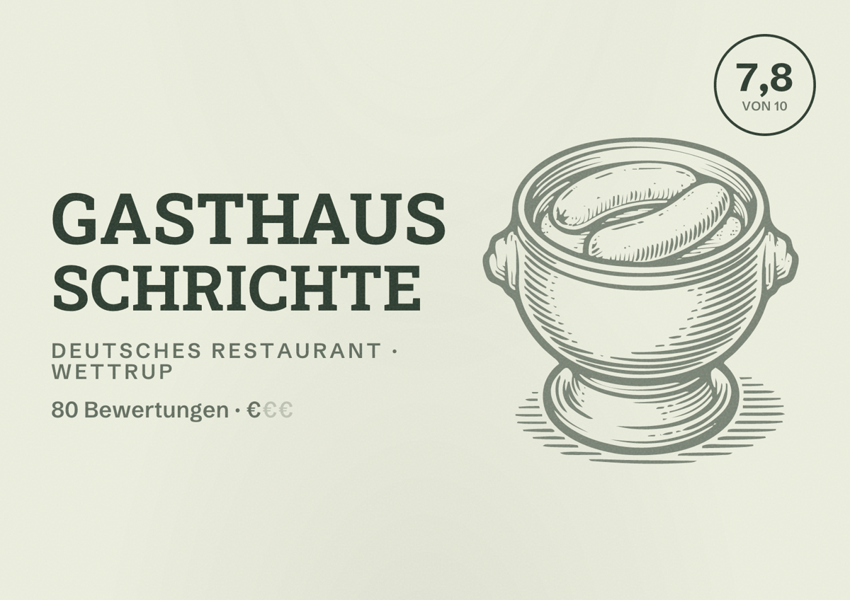 Illustriertes Poster von Gasthaus Schrichte, Deutsches Restaurant in Wettrup: Bewertung 7,8 von 10 aus 80 Bewertungen, Preisniveau €