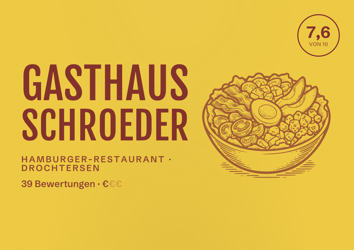 Illustriertes Poster von Gasthaus Schroeder, Hamburger-Restaurant in Drochtersen: Bewertung 7,6 von 10 aus 39 Bewertungen, Preisniveau €