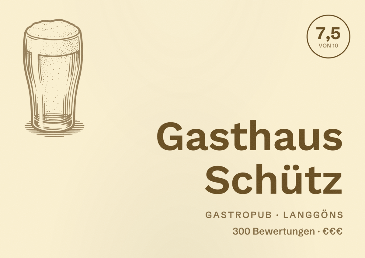 Illustriertes Poster von Gasthaus Schütz, Gastropub in Langgöns: Bewertung 7,5 von 10 aus 300 Bewertungen, Preisniveau €€€