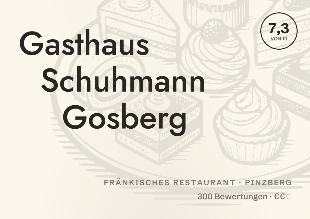 Illustriertes Poster von Gasthaus Schuhmann Gosberg, Fränkisches Restaurant in Pinzberg: Bewertung 7,3 von 10 aus 300 Bewertungen, Preisniveau €€