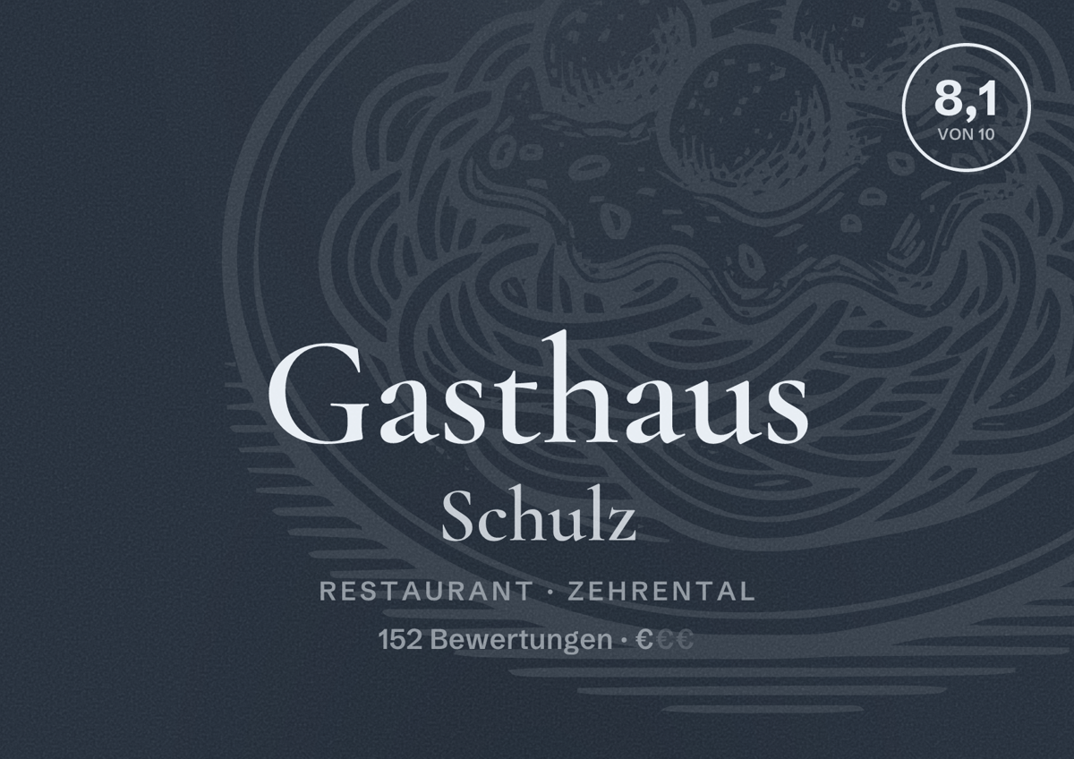 Illustriertes Poster von Gasthaus Schulz, Restaurant in Zehrental: Bewertung 8,1 von 10 aus 152 Bewertungen, Preisniveau €