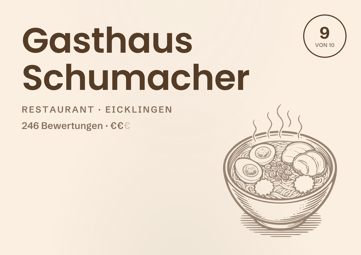 Illustriertes Poster von Gasthaus Schumacher, Restaurant in Eicklingen: Bewertung 9 von 10 aus 246 Bewertungen, Preisniveau €€