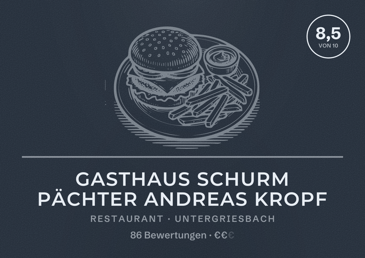 Illustriertes Poster von Gasthaus Schurm Pächter Andreas Kropf, Restaurant in Untergriesbach: Bewertung 8,5 von 10 aus 86 Bewertungen, Preisniveau €€