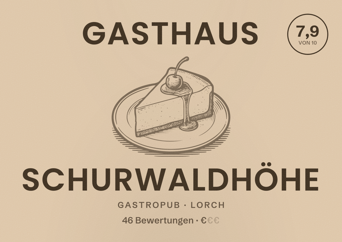 Illustriertes Poster von Gasthaus Schurwaldhöhe, Gastropub in Lorch: Bewertung 7,9 von 10 aus 46 Bewertungen, Preisniveau €