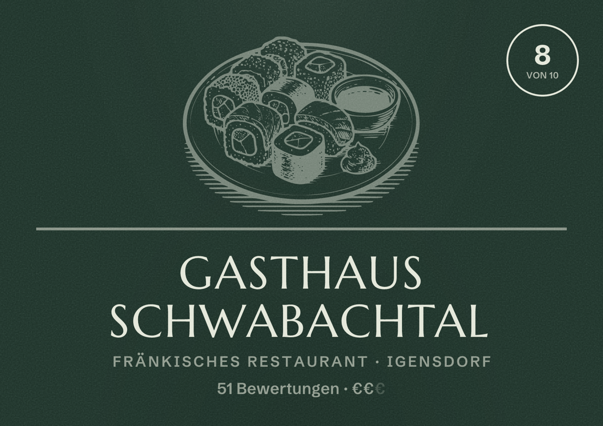 Illustriertes Poster von Gasthaus Schwabachtal, Fränkisches Restaurant in Igensdorf: Bewertung 8 von 10 aus 51 Bewertungen, Preisniveau €€
