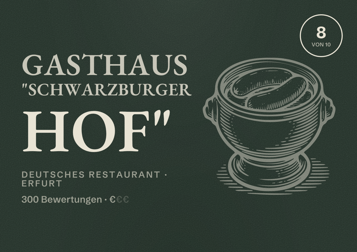 Illustriertes Poster von Gasthaus "Schwarzburger Hof", Deutsches Restaurant in Erfurt: Bewertung 8 von 10 aus 300 Bewertungen, Preisniveau €
