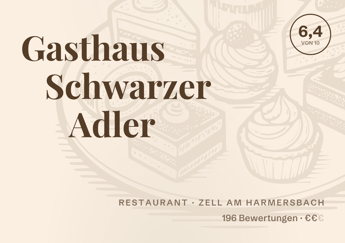 Illustriertes Poster von Gasthaus Schwarzer Adler, Restaurant in Zell am Harmersbach: Bewertung 6,4 von 10 aus 196 Bewertungen, Preisniveau €€