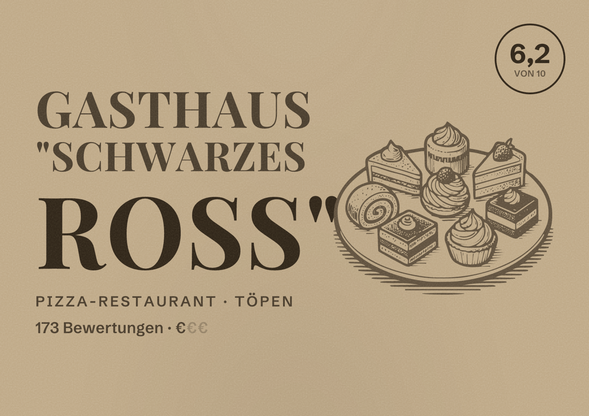 Illustriertes Poster von Gasthaus "Schwarzes Roß", Pizza-Restaurant in Töpen: Bewertung 6,2 von 10 aus 173 Bewertungen, Preisniveau €