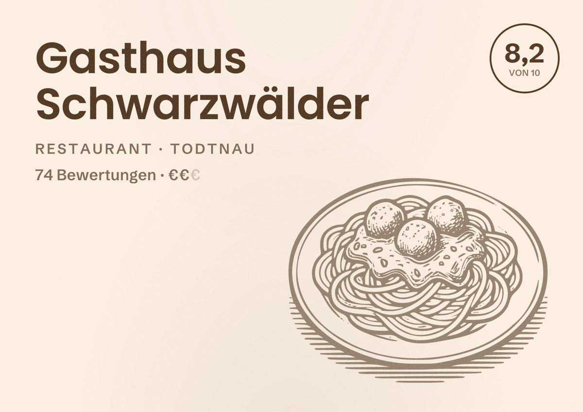 Illustriertes Poster von Gasthaus Schwarzwälder, Restaurant in Todtnau: Bewertung 8,2 von 10 aus 74 Bewertungen, Preisniveau €€
