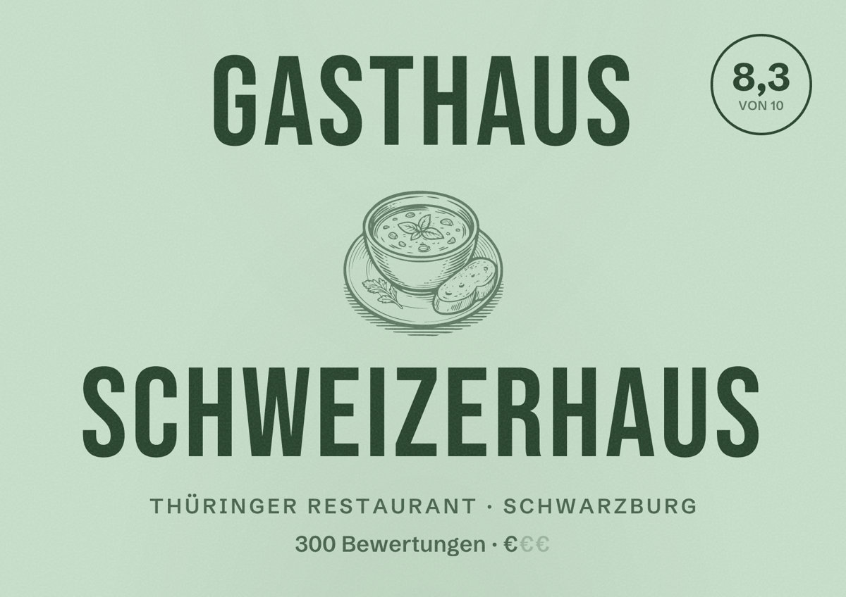 Illustriertes Poster von Gasthaus Schweizerhaus, Thüringer Restaurant in Schwarzburg: Bewertung 8,3 von 10 aus 300 Bewertungen, Preisniveau €