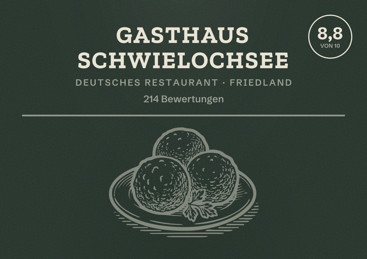 Illustriertes Poster von Gasthaus Schwielochsee, Deutsches Restaurant in Friedland: Bewertung 8,8 von 10 aus 214 Bewertungen