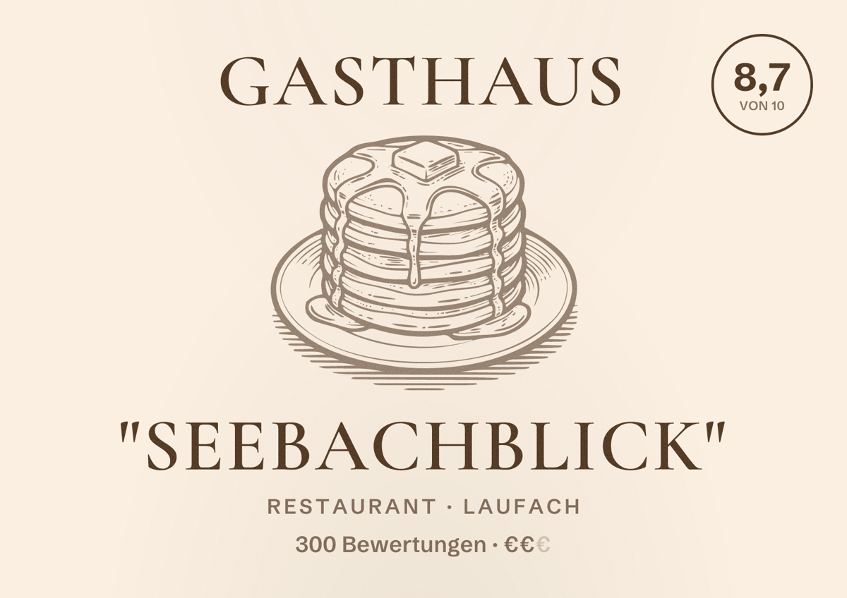 Illustriertes Poster von Gasthaus "Seebachblick", Restaurant in Laufach: Bewertung 8,7 von 10 aus 300 Bewertungen, Preisniveau €€