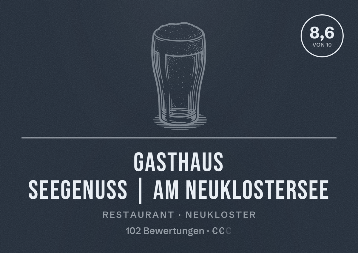 Illustriertes Poster von Gasthaus SeeGenuss | Am Neuklostersee, Restaurant in Neukloster: Bewertung 8,6 von 10 aus 102 Bewertungen, Preisniveau €€